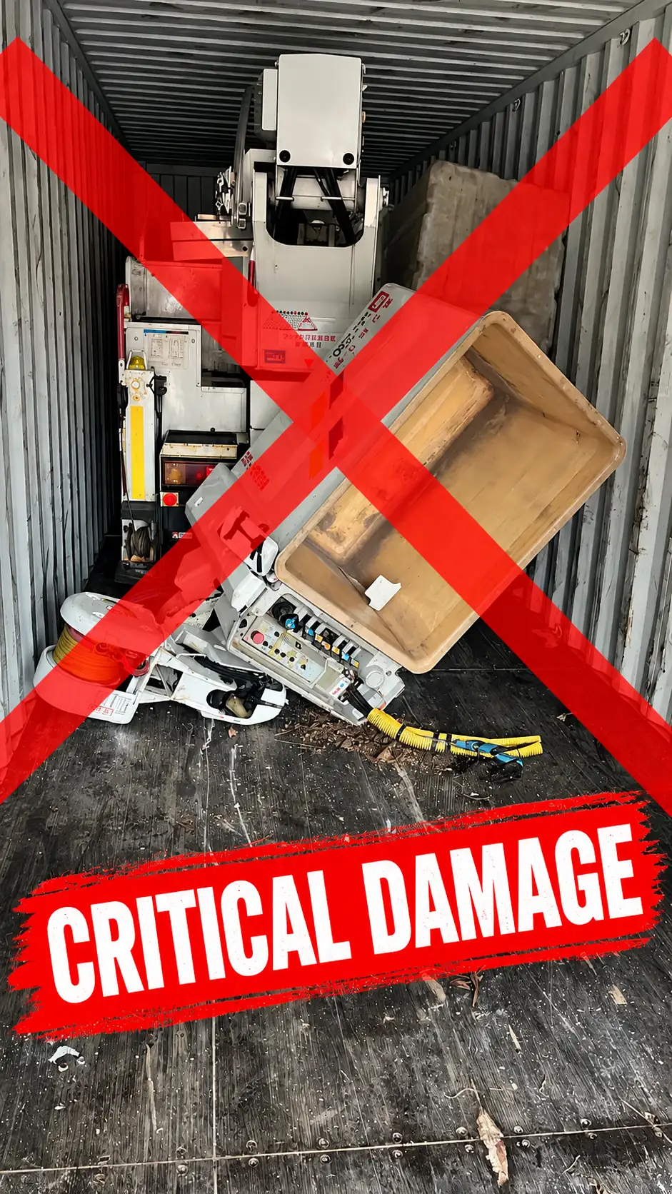 Critical damage to container machinery — hydraulic and electrical wiring cut to force-fit a container